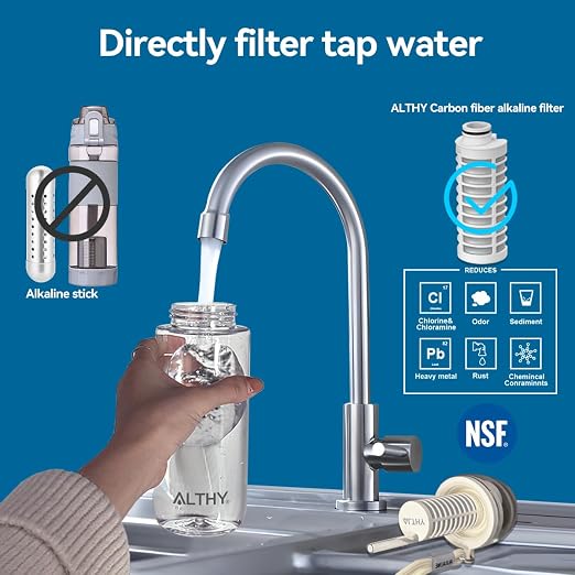 ALTHY Alkaline Water Filter Bottle, Up to PH 9.5, Added Minerals & Electrolytes, Composite Alkalize & Filtration System, BPA Free 500ml, Includes 3 Filter, Replaces 1200 Plastic Alkaline Water Bottles