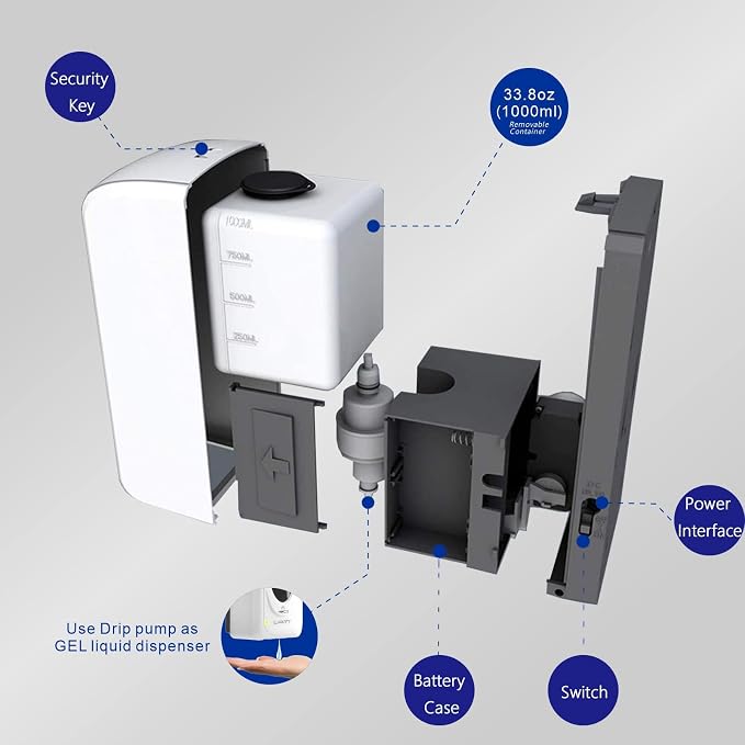 Automatic Soap Dispenser for Kitchen Sink, Commercial Liquid Touchless Soap Dispenser Wall Mounted, Refillable Sensor Hands-Free Dispensers for Office Hotel School Restaurant, 33oz/1000ml