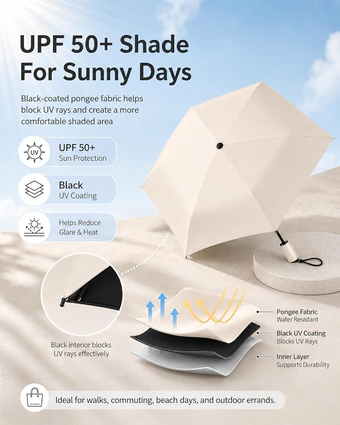 Japan Pencil Umbrella, Japanese Ultra Light Mini Travel Umbrella with Upf 50+ Sun Protection, Compact Folding Pocket Parasol for Rain, Backpack, Handbag, Commute, Beach, Hiking, Outdoor Use