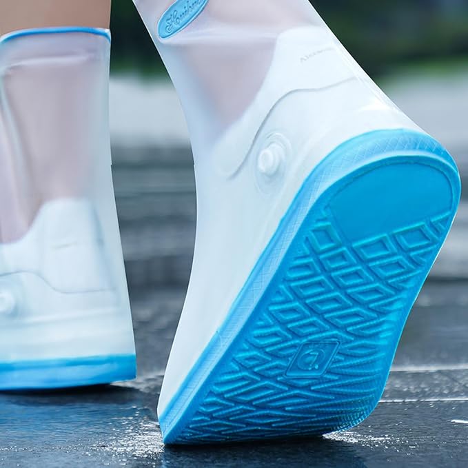 Rain Shoe Covers, 5 Pairs, Reusable, Non-Slip, Waterproof PVC, Mid-Calf, for Gardening, Cycling, Fishing, Walking in Rain, Snow, and Mud (Blue, S (EU 35-36))