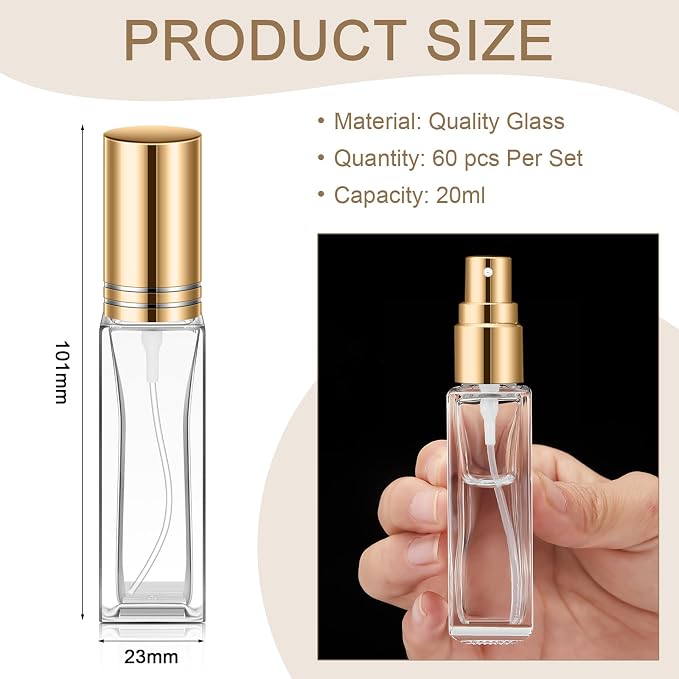 Domensi 60 Pcs 10/15/20/30 ml Perfume Travel Refillable Glass Bottles Spray Bottle Perfume Atomizer for Cologne Dispenser Leak-proof Fragrance Bottles Atomizer Pump Kit (20 ml,Gold)
