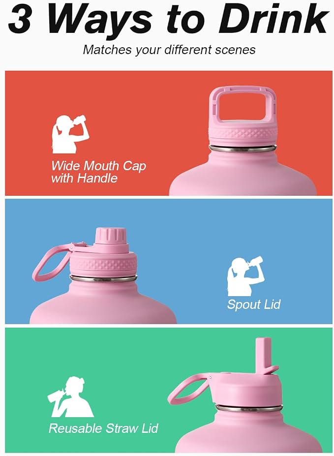 Coolflask 128 oz Gallon Water Bottle Insulated with Straw&3 Lids, Water Jug Large Stainless Steel Metal Vacuum Wide Mouth for Sports, Gym or Office, Non-BPA Keep Cold 48H Hot 24H, Bubblegum Princess