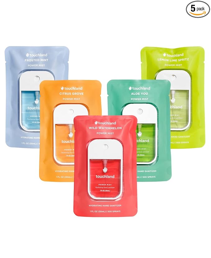 Touchland Hydrating Hand Sanitizer Spray – Fresh 5 Set (Frosted Mint, Citrus Grove, Lemon Lime, Aloe You, Wild Watermelon) – 5 x 1 FL OZ Travel Size Mists