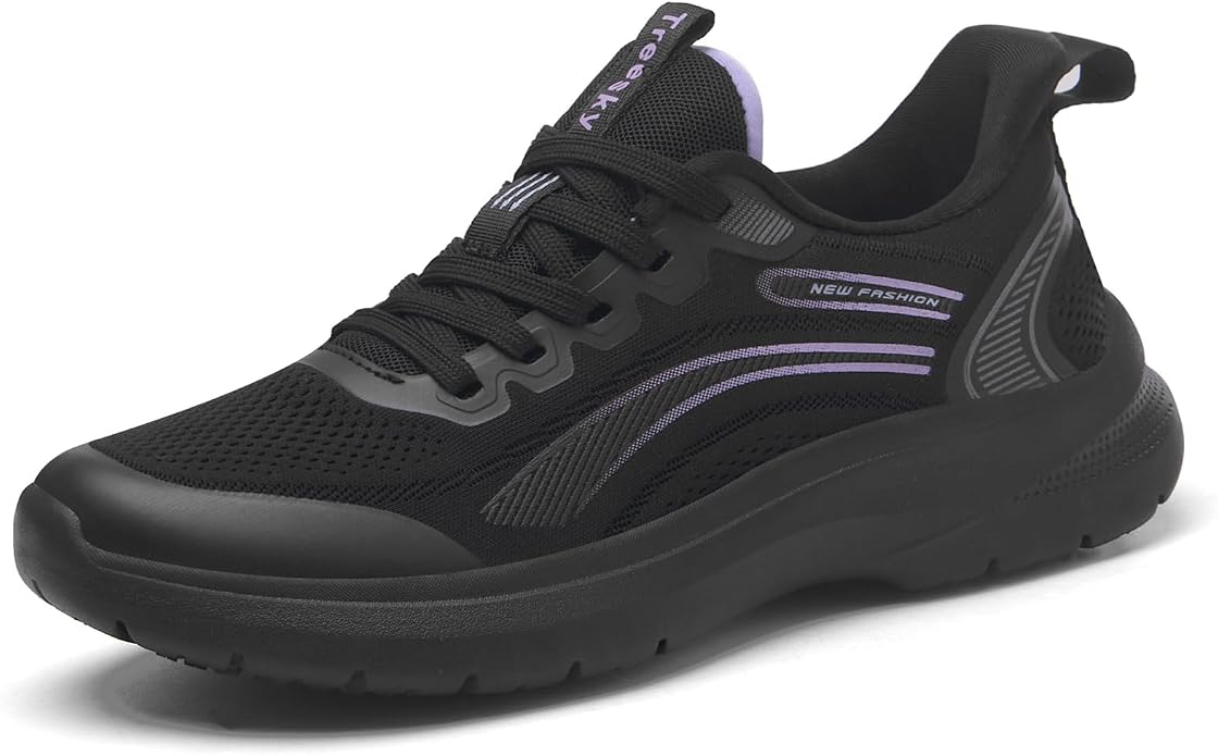 Treesky Black Non Slip Work Shoes for Women, Restaurant & Kitchen Sneakers | Slip resistant soles, lightweight cushioning, breathable knit, removable insole, for nursing, food service & long shifts
