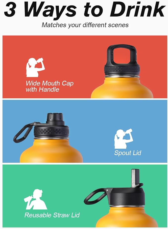 Half Gallon Water Bottle Insulated with Straw & 3 Lids, Coolflask 64 oz Water Jug Large Metal Stainless Steel Wide Mouth for Sports, Gym or Office, Non-BPA Keep Cold 48H Hot 24H, Ombre Yellow/Orange