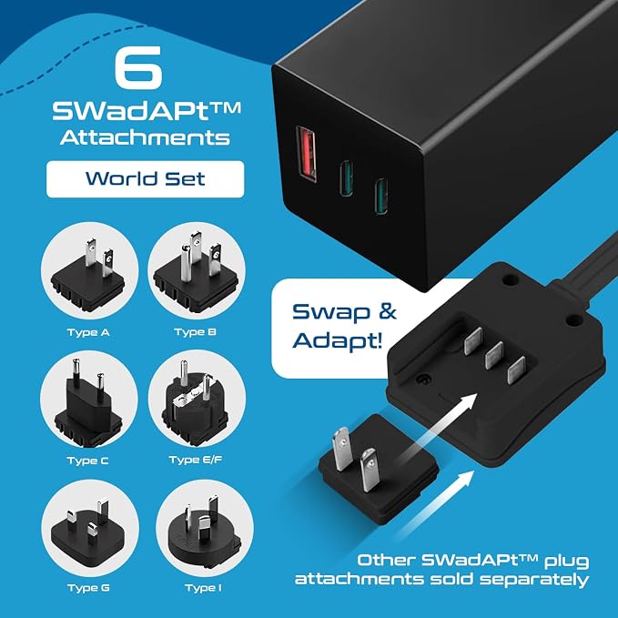Ceptics 65W World Travel Adapter 3 USB Ports PD 3.0 Ultra Compact Charger 2 US Outlets [GaN Tech], Quick Type C, Charge Laptops, Cellphones in Europe, Asia, Africa, America and More