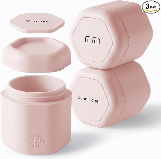 Cadence Travel Containers Haircare Capsule Set - Magnetic Containers with Lids,Carry On Travel Essentials For Women/Men - 3 Flex Mediums (1.32oz) - Shampoo, Conditioner & Comb Icon Labels - Petal