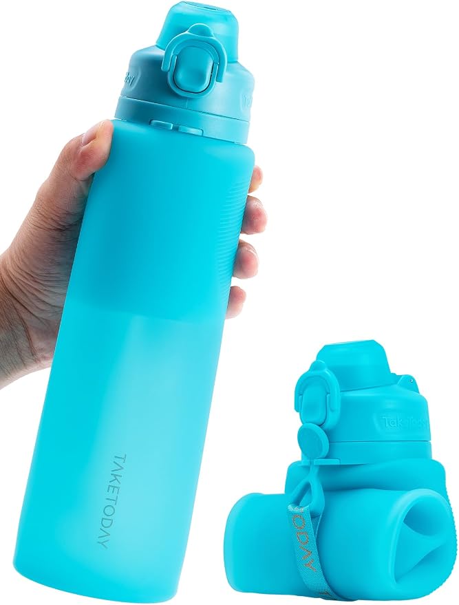 TakeToday Collapsible Water Bottles 32oz Blue and 20oz Blue, Foldable Travel Water Bottle with Strap, BPA Free, Silicone Water Bottle Leakproof for Hiking, International Travel, Outdoors