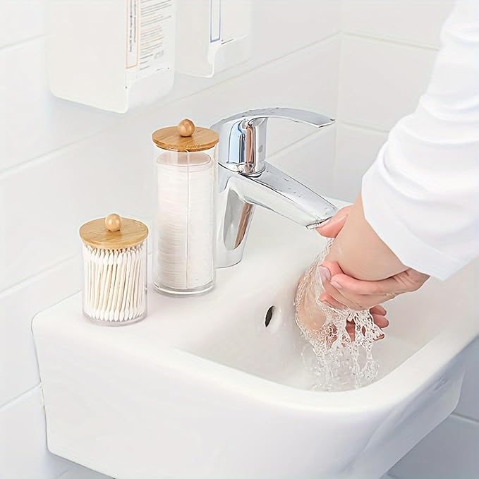 Soko 3 PC set Qtip Holder with Bamboo Lids | Clear Cotton Swab Storage Dispenser Jar | Makeup Vanity Countertop Cosmetic Organizer | Bathroom Canister Accessories for Ball, Round Pads, Floss, Earbud