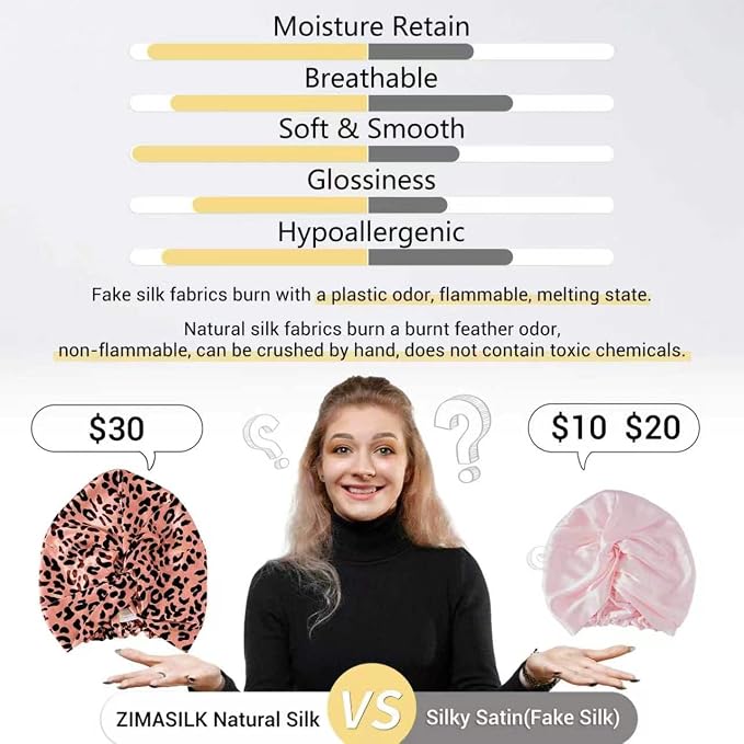 ZIMASILK 22 Momme 100% Mulberry Silk Bonnet for Sleeping & Women Hair Care, Highest Grade 6A Silk Hair wrap for Sleeping with Premium Elastic Stay On Head (1Pc, Leopard Black/Pink)
