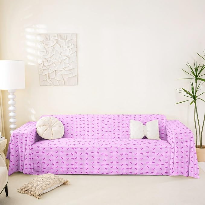 Purple Bow Sofa Slipcover Buffalo Plaid Decor Bowknot Non Slip Fuzzy Pet Couch Covers for Sofa,Geometric Lattice Abstract Grid Bow Tie Sofa Cover Furniture Protector Couch Soft for Kids,71"x102"
