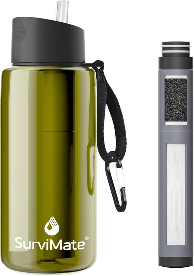SurviMate 5-Stage 0.01μm Ultra-Filtration Filtered Water Bottle, BPA-Free Material, NSF/ANSI 42 Certified, Portable Water Filter Bottle for Survival, Camping, Hiking, and Emergency Use