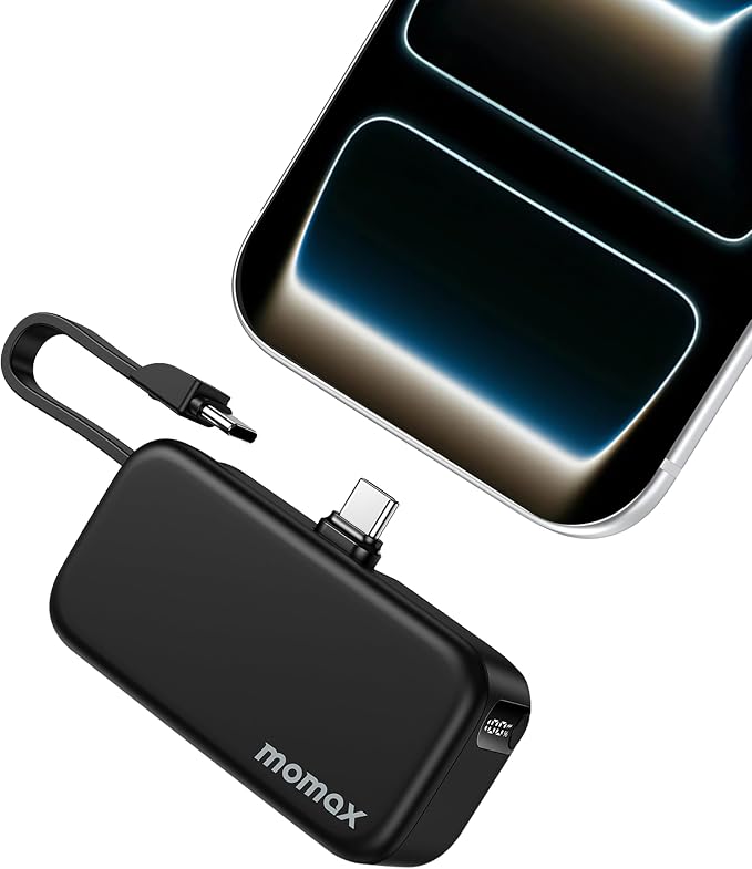 MOMAX Portable Charger, 5000mAh Small Power Bank PD 20W Fast Charging Battery Pack with 3 USB-C, LED Battery Display, Smart Temperature Control for iPhone 17 16 15 Pro Max(Black)