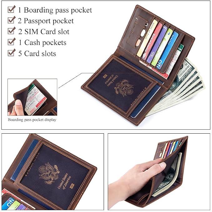 Leather Passport Holder for Travel Men Bifold Slim RFID Blocking with 2 Passport Slots, 1 Cash Pocket, 5 Card Slots
