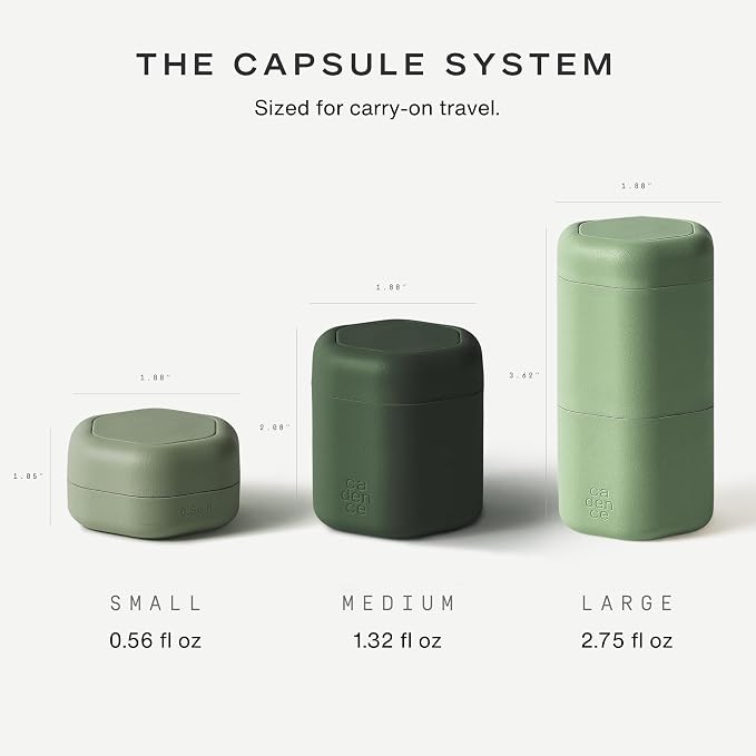 Cadence Travel Containers - 2 Piece Haircare Set - Magnetic Travel Capsules - For Shampoo, Conditioner, Hair Styling Product - 1 Small & 1 Medium Capsule - Shampoo & Conditioner Labels - Evergreen