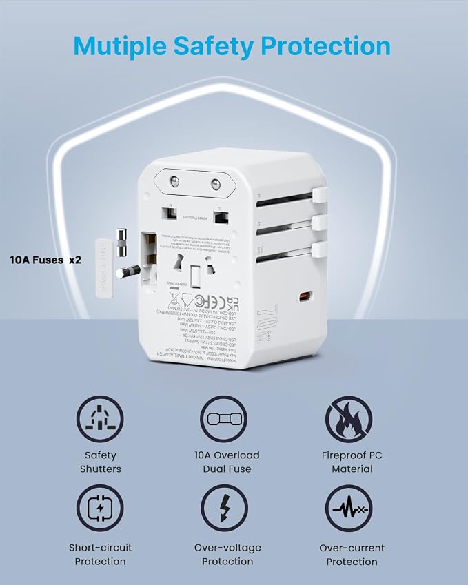 Universal Travel Adapter, VINTAR 70W GaN International Power Adapter with 5 USB Ports (3 USB-C), Worldwide Travel Plug Adaptor, All in One Travel Essentials Outlet Converter for UK/EU/USA/AUS, White
