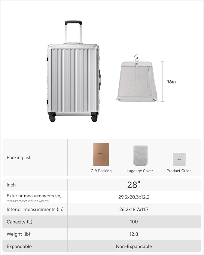 LUGGEX Checked Suitcase with Spinner Wheels, 8010S Aluminum Frame Zipperless Polycarbonate Hard Shell Suitcase (ZX-Core, Silver Ivory, 28 Inch)