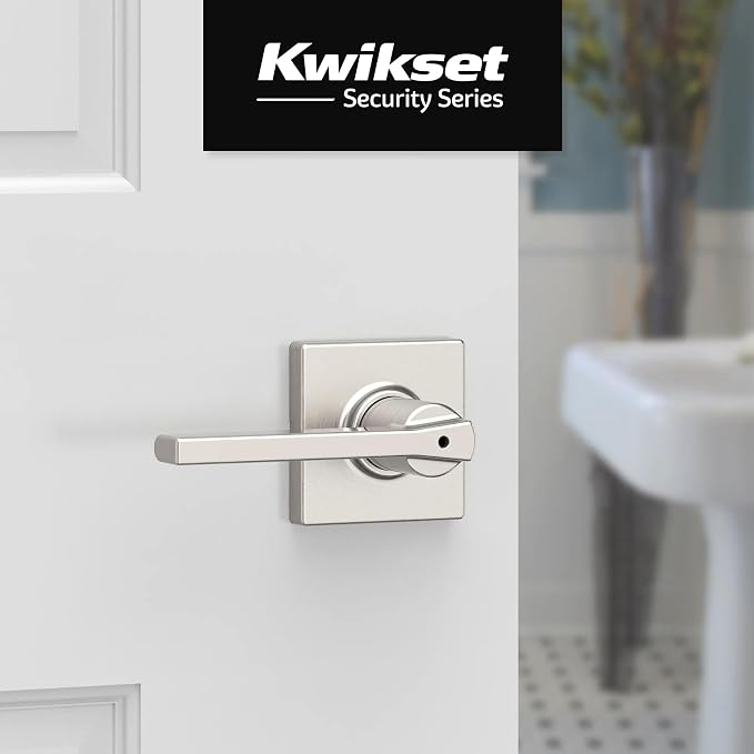 Kwikset Casey Interior Square Privacy Door Handle with Lock, Door Lever for Bathroom and Bedroom, Satin Nickel, Reversible Keyless Push Button Lock Door Lever