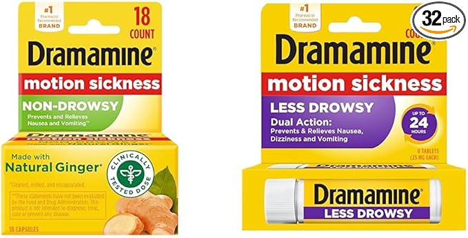 Dramamine Non-Drowsy, Motion Sickness Relief, Made with Natural Ginger, 18 Count & Motion Sickness Relief Less Drowsey Formula, 8 Count