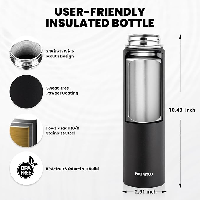 RAYMYLO Insulated Water Bottle 24 oz, Triple Wall Vacuum Stainless Steel (Cold for 24Hrs, Hot for 12Hrs), Leak Proof & Non-BPA, Modern Water Flask Jug with Paracord Handle & Straw Spout Lids