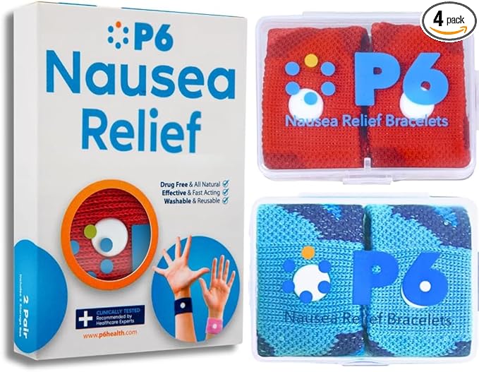 P6 Motion Sickness Bands for Adults Wristbands for Anti Nausea Sea Cruise Travel Car Pregnancy Morning Sickness All-Natural Non Drowsy Relief Acupressure Treatment (2 Pack, Red - Blue)
