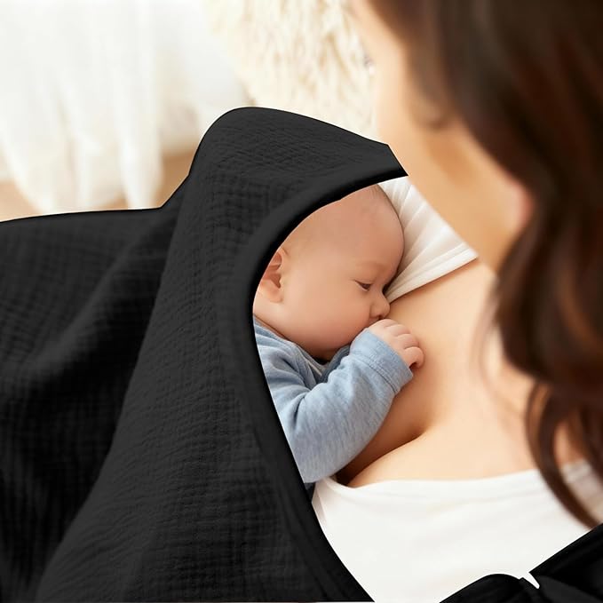 Muslin Nursing Cover for Baby Breastfeeding, Breathable 100% Cotton Breastfeeding Cover with Rigid Hoop for Mother Nursing Apron (Black)