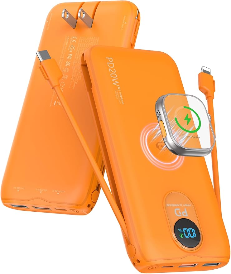 Portable Charger, 10000mAh 20W Fast Charging Power Bank with Built in Cables & AC Wall Plug & LED Display, Travel Essentials Battery Pack Powerbank for iPhone, iPad, iWatch, Samsung, Orange