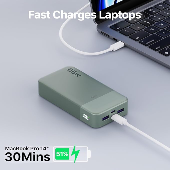 JUOVI Portable Charger 65W Power Bank 20000mAh Compact USB C Laptop Power Bank Fast Charging Battery Pack for Laptop MacBook Dell XPS iPad Tablet Steam Deck iPhone 17/16/15/14 Series Samsung and More