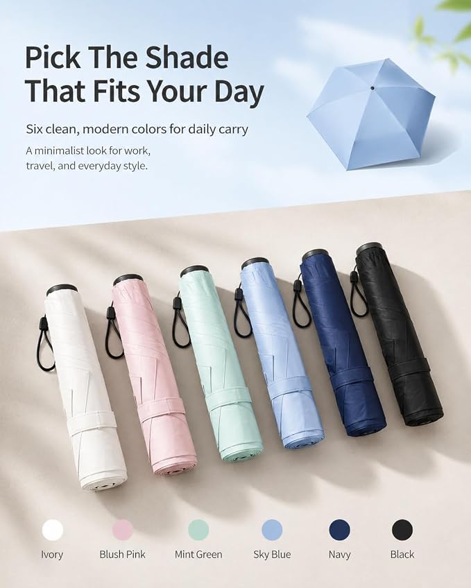 Japan Pencil Umbrella, Japanese Ultra Light Mini Travel Umbrella with Upf 50+ Sun Protection, Compact Folding Pocket Parasol for Rain, Backpack, Handbag, Commute, Beach, Hiking, Outdoor Use