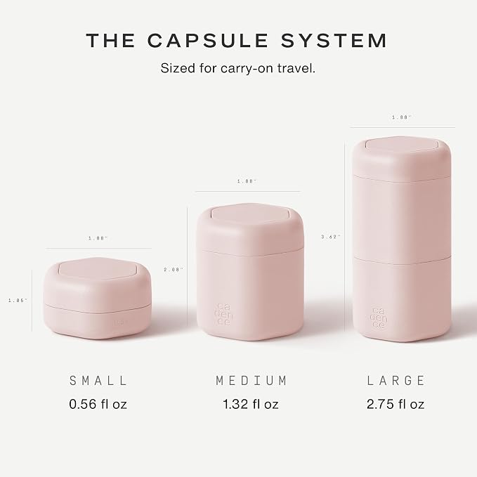 Cadence Travel Containers - 2 Piece Haircare Set - Magnetic Travel Capsules - For Shampoo, Conditioner, Hair Styling Product - 1 Small & 1 Medium Capsule - Shampoo & Conditioner Labels - Petal