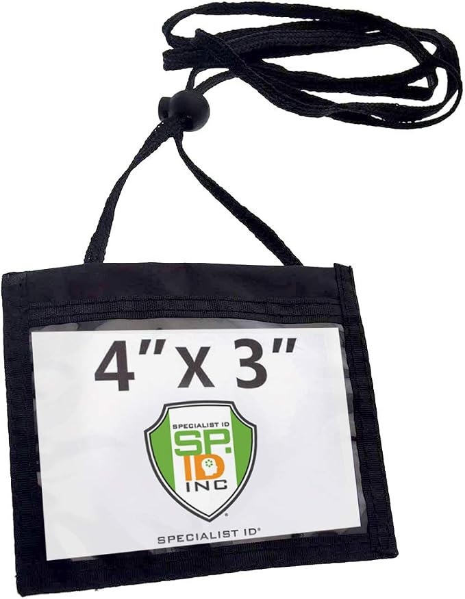 5 Pack - Nylon Neck Wallet Badge Holder with Lanyard - 4 X 3 Credential & Travel Badge Holder with 3 Pockets - Clear Plastic 4X3 Horizontal Window, Zipper Pouch + by Specialist ID
