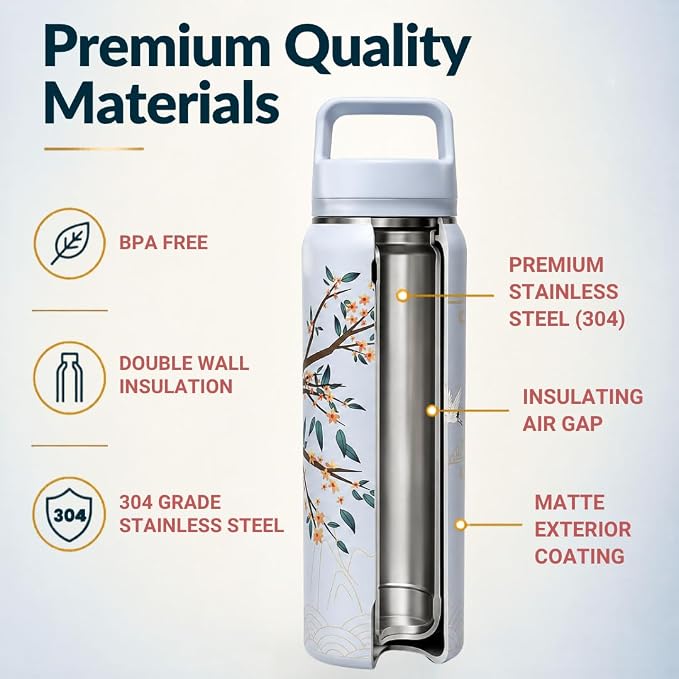 Farasi Tea Infuser Bottle for Loose Leaf Tea Insulated Stainless Steel Water Bottle Tumbler - Portable Coffee, Fruit, Loose Leaf Infuser Mug- Leakproof Blue Floral 24 oz