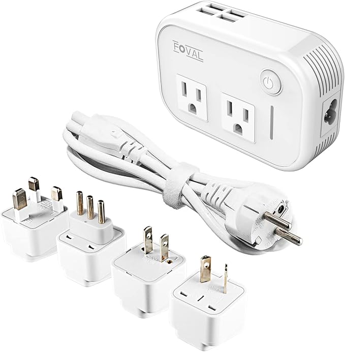 FOVAL Power Step Down 220V to 110V Travel Voltage Converter International Power Adapter for Hair Straightener/Curling Iron with 4-Port USB Charging US/UK/AU/EU Universal Plug Adapter (White)