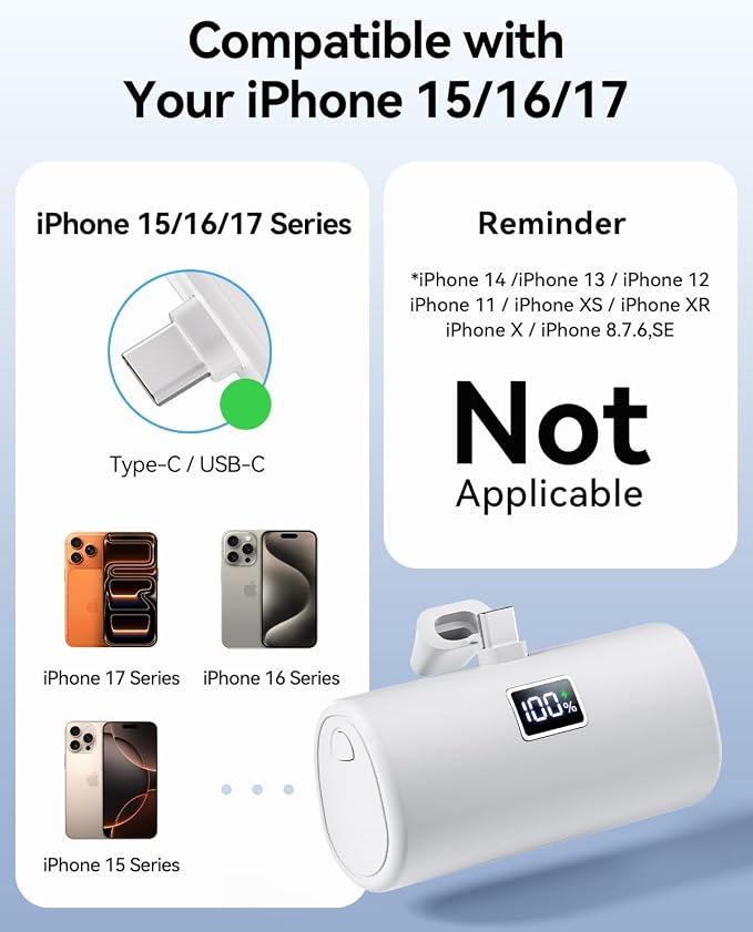 Mini Portable Charger USB C, 6000mAh Cell Phone Portable Power Bank, 20W PD Fast Charging Battery Pack for iPhone17/16/15/Android etc, Travel Essential, LCD Display, White