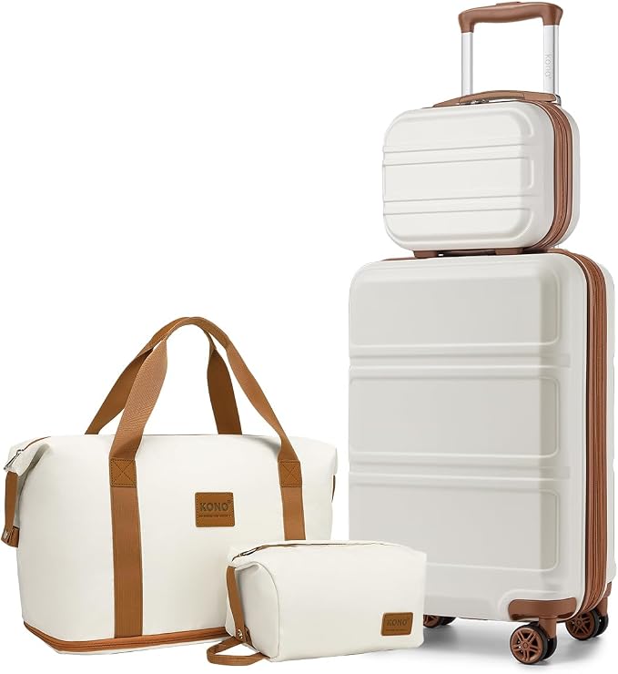Kono Luggage Set 4 Piece Carry On Hardside Luggage with TSA Lock Spinner Wheels Lightweight PC+ABS Carry On Suitcase Cream White