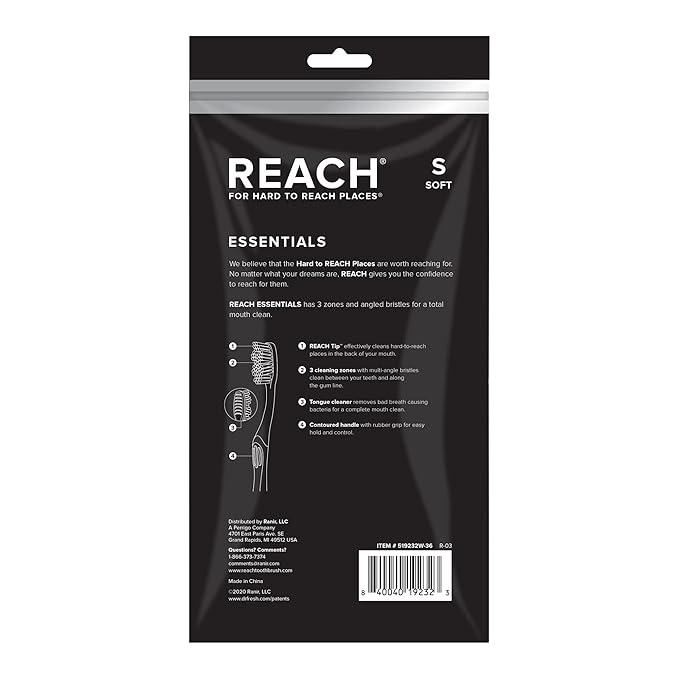 Reach Toothbrush, Soft Bristles, 6 Count | Multi-Zoned Angled | Contoured Handle | Tongue Scraper | Pack of 2