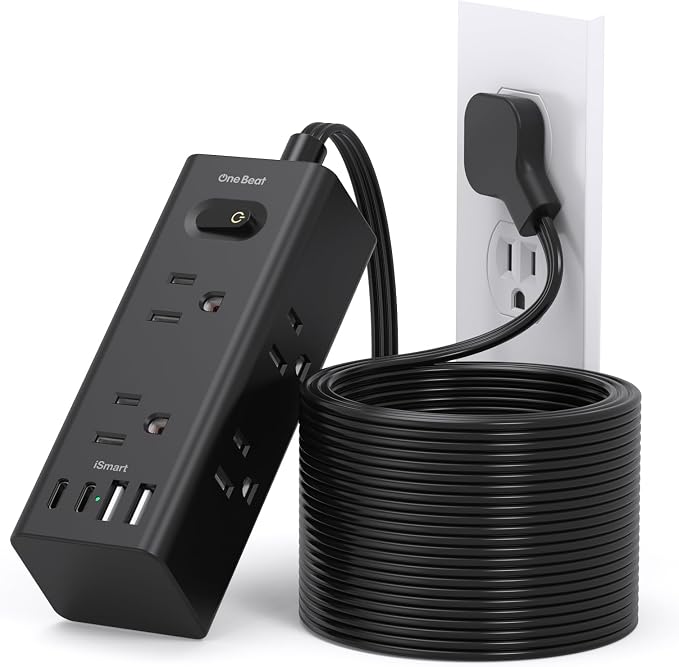 20Ft Extension Cord with Multiple Outlets, Flat Plug Power Strip Surge Protector with 20 Ft Long Cord, 6 Outlet 4 USB Ports (2 USB C), Multi Outlet Wall Plug for College, Dorm Room Essentials(Black)