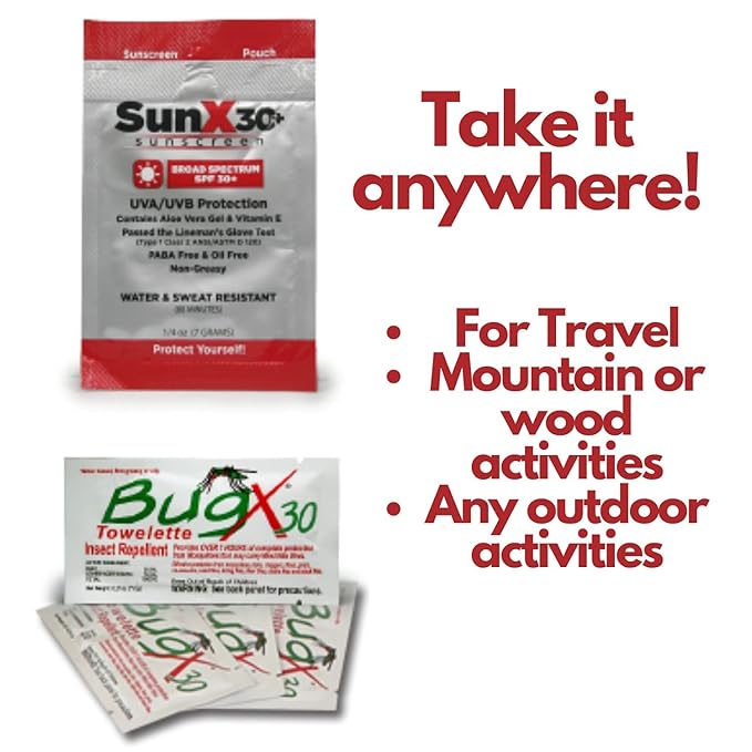 CoreTex Sun X 30+ & Bug X 30 Combo Pack - Includes 50 Total Packets in Wallmount Box - 25 Lotion Pouches & 25 Insect Repellent Towelettes