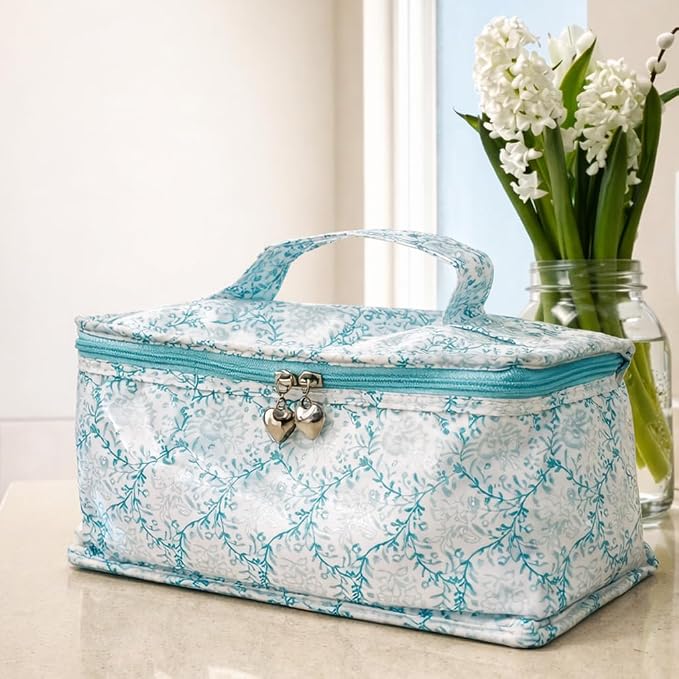 Jacaranda Living Vanity Bag/Train Case - Water-Resistant, PVC-Lined, Easy to Clean, Compact & Travel Ready Makeup Organizer - Aqua Trellis Print