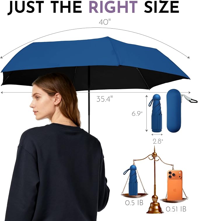 Travel Mini Umbrella Compact Small & Lightweight, UV Rain Protection, Pocket-Sized Folding Umbrellas with Quickdraw & Case for Men Women & Kids Backpack