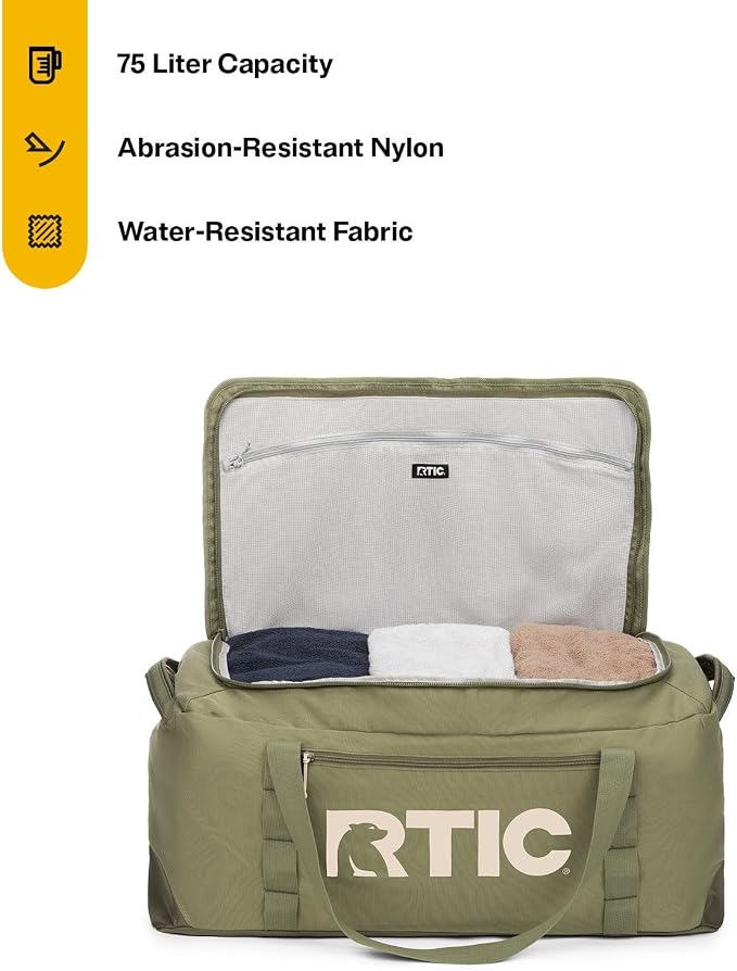 RTIC Road Trip Duffle Bag for Men and Women, Traveling Tote for Camp, Travel, Gym, Weekender, Camping, Overnight, Carry On, Sports, Spacious, Water Resistant, Large, Olive & Beach