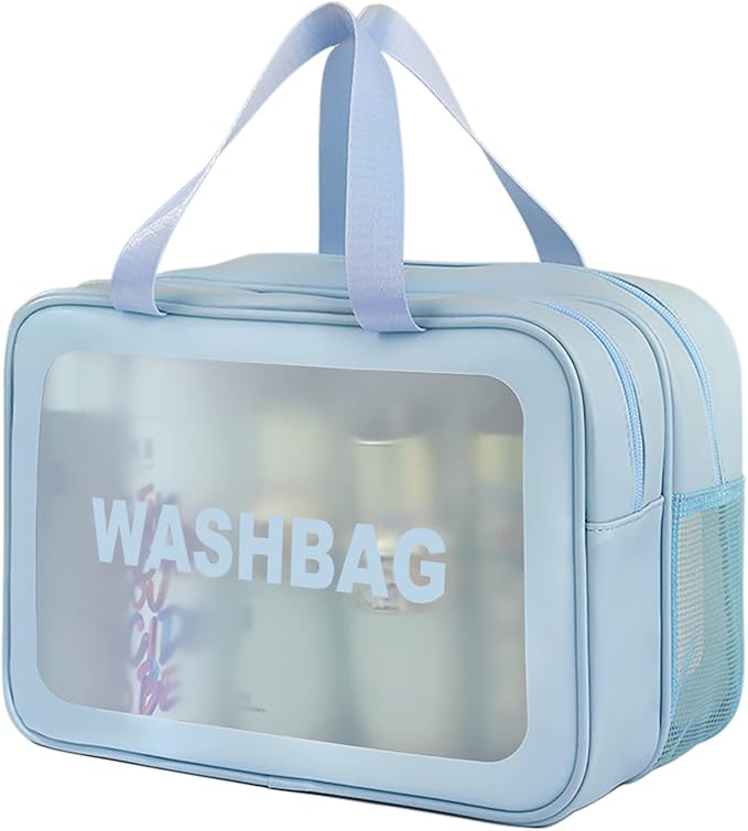 DAPOWER Travel Toiletry Bag for Women, Matte Translucent Toiletry Bag with Handy Handle, Makeup Cosmetic Organizer Bag for Travel Toiletries Accessories (Blue-XL)