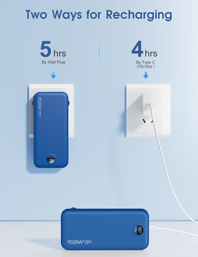 citicr Portable Charger 10000mAh PD20W w/Built-in Cables & Wall Plug Navy | Fast charging, Built-in wall plug, LED display, Charge 5 devices at once, Pass through charging, TSA approved, Pocket size