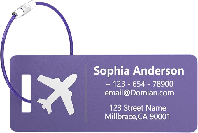10 Personalized Metal Luggage Tags, Custom Suitcase Aluminum Name Tags with Steel Ring, Laser Engraved Name and Logo, for Travel, Backpack, Baggage, Golf Bag (Purple)