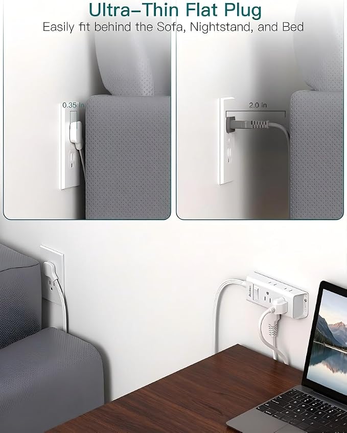 Addtam Flat Plug Power Strip with 6 Outlet Extender, 15 FT Extension Cord Flat Wall Plug with Multiple Outlets, No Surge Protector for Cruise Ship, Travel, Dorm, Home Office, Cruise Essentials, White