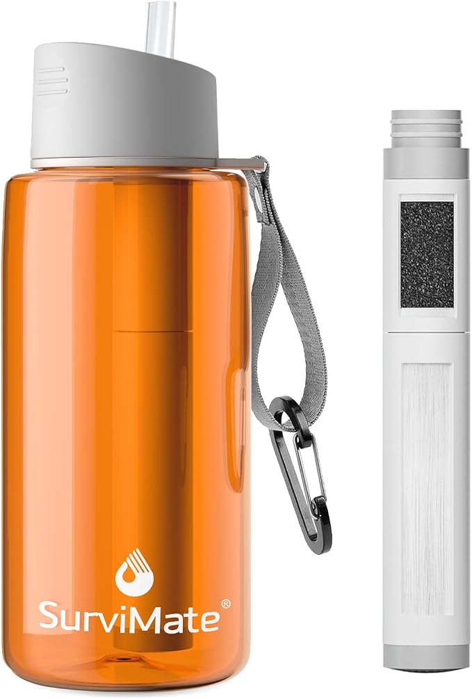 SurviMate 5-Stage 0.01μm Ultra-Filtration Filtered Water Bottle, BPA-Free Material, NSF/ANSI 42 Certified, Portable Water Filter Bottle for Survival, Camping, Hiking, and Emergency Use