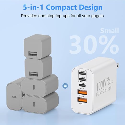 QZIIW USB C Wall Fast Charger Block, 100W 5-Port Type C Fast Charging Block 3 Pack-PD Power Charger Adapter QC 3.0 USB Multiport Charger Brick for iPhone 17 16, Samsung Series MacBook/Air, iPad, etc.