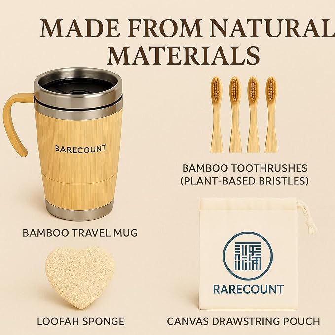 Eco Friendly Bamboo Coffee Tumbler Gift Set - Reusable Travel Mug with Lid, Insulated Stainless Steel Cup, Loofah Sponge & 5 Bamboo Toothbrushes, Sustainable Zero Waste Kit