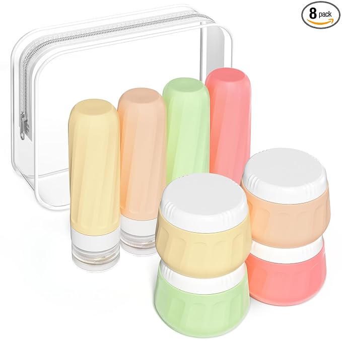 Mrsdry Travel Size Toiletries 8 Pack, TSA Approved 3oz Silicone Squeeze Bottles & Cream Jars with Clear Travel Bag