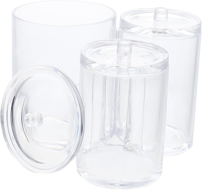 HEALLILY Triple Compartment Cotton Swab Dispenser Lid Acrylic Makeup Organizer for Bathroom Storage Box for Cotton Swabs and Pads for Use